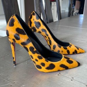 Christian louboutin kate 100mm black fur pony spicy leopard Stiletto sz 36.5